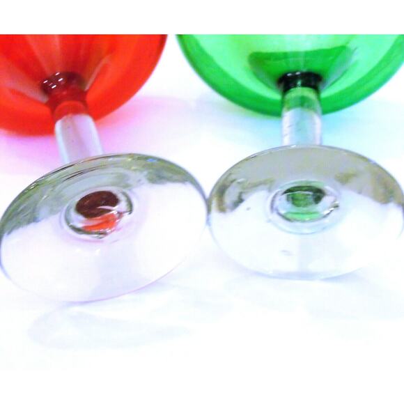 Hand Blown Margarita Glasses Set 2 Artisan Etched Green Red Holiday Stem Glass - Picture 5 of 6